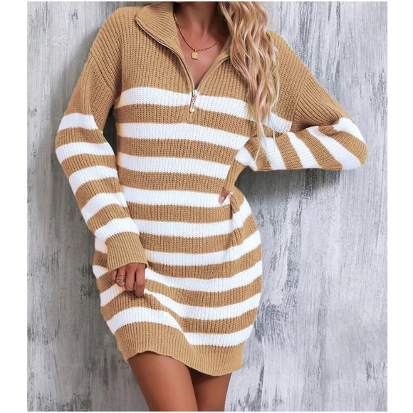 Cozy Color Block Stripes Zipper Sweater Dress - Picture 6 of 12
